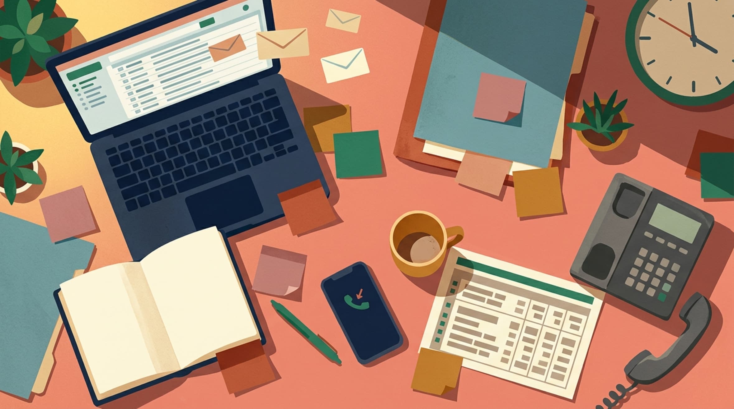 Cluttered golf club office desk with scattered sticky notes, unread emails, and ringing phone