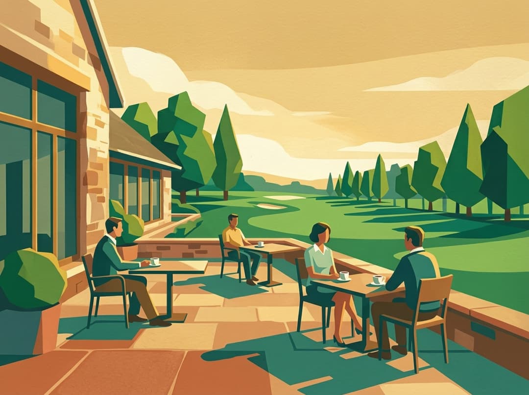 Golf clubhouse terrace with members enjoying coffee overlooking the course