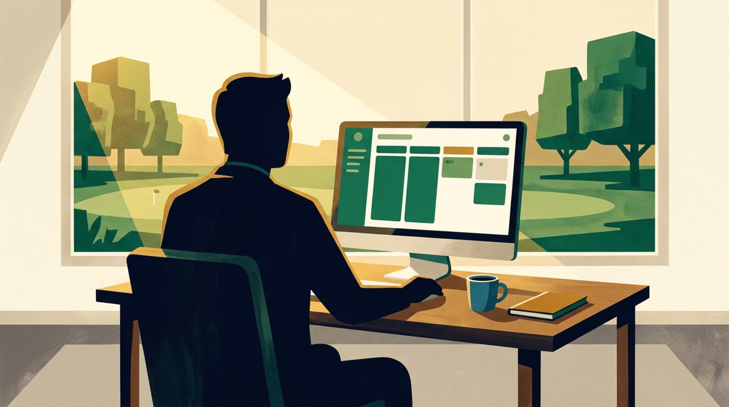 Golf club manager at a clean desk with Capture dashboard on screen and golf course view